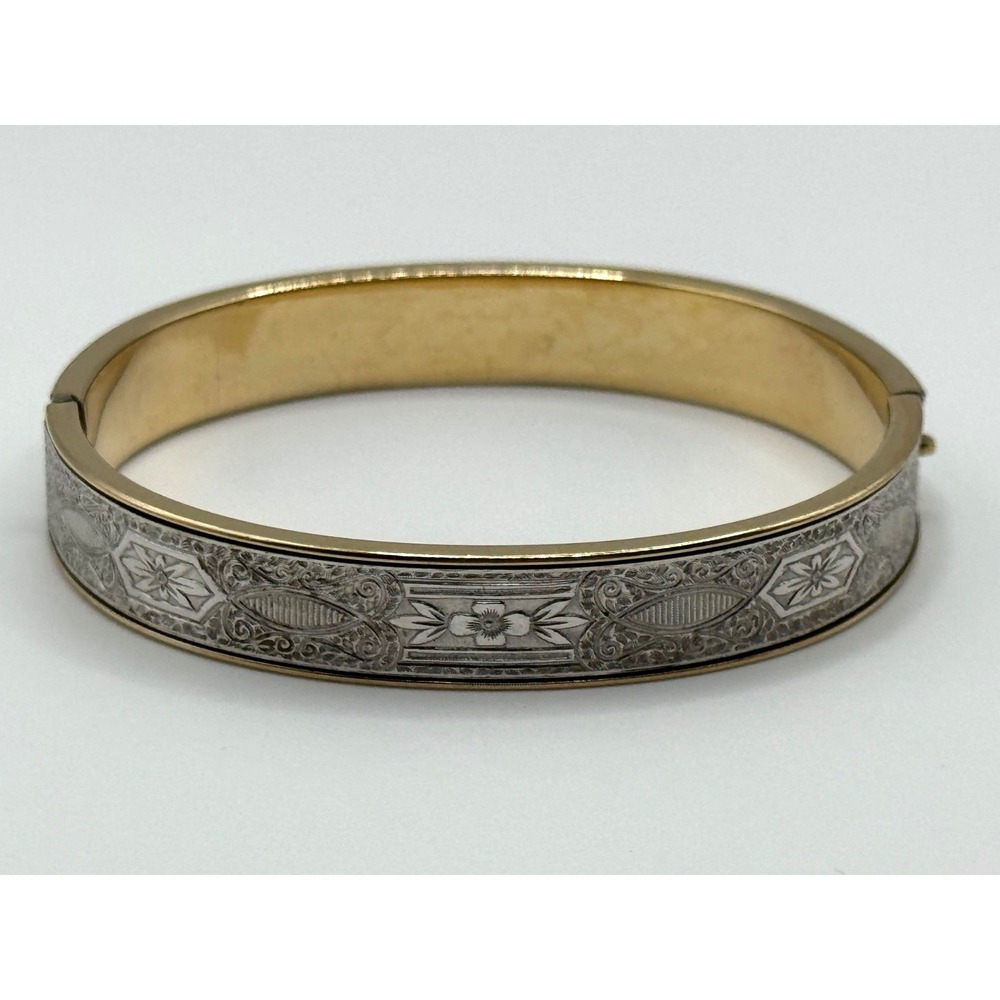 Vintage Krementz Hinged Bangle Bracelet Gold Tone Silver Tone Flower Design